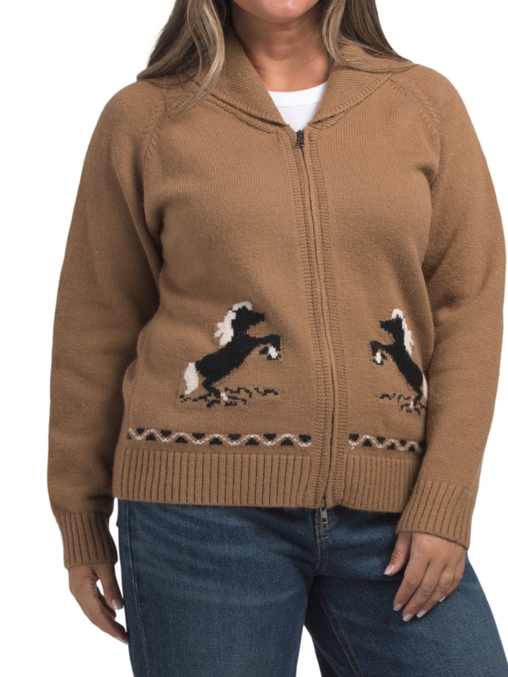 NWT Heartloom Grant Camel Zip-Front Women's Sweater with Horse Motif- L